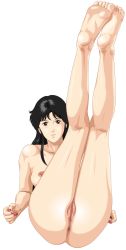 Rule 34 | 1980s (style), 1girl, anus, ass, barefoot, black hair, breasts, brown eyes, cat&#039;s eye, feet, female focus, foot focus, highres, kisugi hitomi, legs up, looking at viewer, nail polish, nipples, nude, oldschool, pussy, retro artstyle, simple background, soles, solo, tagme, toes, uncensored, white background