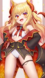 Rule 34 | .live, 1girl, animal ears, awai flavia, awai shiro, blonde hair, blush, breasts, commentary request, cosplay, demon tail, fang, fangs, fox ears, highres, horns, indie virtual youtuber, looking at viewer, red eyes, ribbon, rurun rururica, simple background, small breasts, solo, tail, virtual youtuber