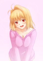 Rule 34 | 00s, 1girl, antenna hair, arcueid brunestud, blonde hair, bottomless, breasts squeezed together, breasts, cleavage, colorfag, drawfag, hair intakes, naked sweater, non-web source, red eyes, short hair, smile, solo, sweater, tsukihime, v arms