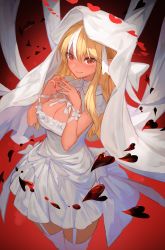 Rule 34 | 1girl, alternate costume, blonde hair, blush, breasts, center opening, cleavage, closed mouth, cowboy shot, dark-skinned female, dark skin, dress, fingers together, floating clothes, garter straps, gradient background, hair between eyes, heart, highres, hololive, lack, long hair, looking at viewer, medium breasts, multicolored hair, nail polish, pointy ears, red background, red eyes, red nails, ribbon, shiranui flare, simple background, smile, solo, streaked hair, thighhighs, two-tone hair, valentine, veil, virtual youtuber, white dress, white hair, white ribbon, white thighhighs, wrist ribbon
