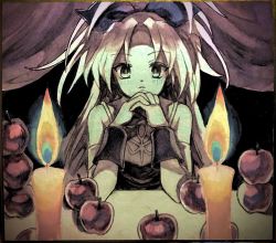 Rule 34 | 1girl, apple, candle, candlelight, curtains, detached sleeves, elbows on table, facing viewer, food, fruit, hands on own chin, highres, interlocked fingers, looking at viewer, magical girl, mahou shoujo madoka magica, mahou shoujo madoka magica (anime), own hands clasped, own hands together, parted lips, ponytail, sakura kyoko, sleeveless, solo, uwded 207