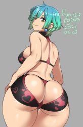 Rule 34 | 1girl, 2021, agawa ryou, aqua hair, ass, ass cutout, bikini, black bikini, breasts, brown eyes, clothing cutout, dated, grey background, heart, heart print, huge ass, large breasts, looking at viewer, looking back, original, simple background, skindentation, smile, solo, swimsuit, thick thighs, thigh gap, thighs, thong bikini, wide hips