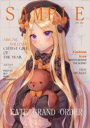 Rule 34 | 1girl, abigail williams (fate), artist request, black bow, black dress, black hat, blonde hair, blue eyes, blush, bow, breasts, character name, closed mouth, copyright name, cover, dress, fate/grand order, fate (series), forehead, hair bow, hat, highres, holding, holding stuffed toy, long hair, looking at viewer, magazine cover, multiple bows, orange bow, parted bangs, polka dot, polka dot bow, ribbed dress, sleeves past fingers, sleeves past wrists, small breasts, stuffed animal, stuffed toy, teddy bear, very long hair