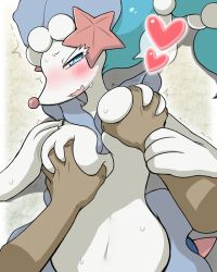 Rule 34 | 1girl, blue eyes, blue hair, blush, breasts, creatures (company), disembodied hand, female focus, game freak, gem, gen 7 pokemon, grabbing, grabbing another&#039;s breast, hair ornament, half-closed eyes, hand on own chest, hands up, heart, large breasts, long hair, looking at viewer, lying, navel, nintendo, no humans, on back, open mouth, pearl (gemstone), pokemon, pokemon (creature), pokemon sm, pov, primarina, rmtwo, smile, solo, starfish, sweat, tears, trembling, upper body, wavy mouth