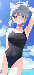 Rule 34 | 1girl, aamana0, absurdres, animal ear fluff, animal ears, arm up, armpits, bare shoulders, black one-piece swimsuit, blue archive, blue eyes, blue halo, blush, breasts, cameltoe, collarbone, commentary, competition swimsuit, covered navel, cross hair ornament, extra ears, grey hair, hair ornament, halo, highleg, highleg swimsuit, highres, low ponytail, medium breasts, medium hair, multicolored clothes, multicolored swimsuit, official alternate costume, one-piece swimsuit, shiroko (blue archive), shiroko (swimsuit) (blue archive), solo, swimsuit, two-tone swimsuit, wet, wet clothes, wet swimsuit, wolf ears