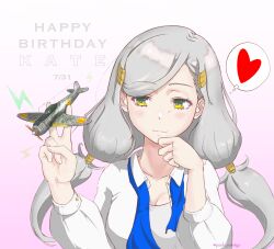 Rule 34 | 1girl, :3, artist name, breasts, character name, cleavage, dated, gradient background, grey hair, hair ornament, hairclip, happy birthday, heart, highres, image in thought bubble, kate (kouya no kotobuki hikoutai), kouya no kotobuki hikoutai, long hair, long sleeves, medium breasts, necktie, poshi nemiiyo, shirt, solo, toy airplane, twintails, undone necktie, v, white shirt, yellow eyes