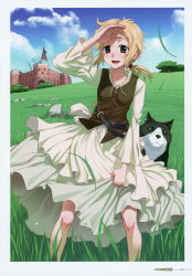 Rule 34 | 1girl, :d, absurdres, blonde hair, blue sky, breasts, brown eyes, brown vest, collarbone, day, dress, enekk, floating hair, highres, koume keito, layered dress, long dress, long hair, nora arento, official art, open mouth, outdoors, page number, ponytail, scan, sky, small breasts, smile, solo, spice and wolf, vest, white dress