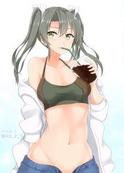 Rule 34 | 1girl, absurdres, blue background, blue pants, bra, breasts, camouflage, camouflage bra, cleavage, closed mouth, collarbone, dated, drinking, drinking straw, gradient background, green eyes, grey hair, hair between eyes, highres, ibuki grunt, kantai collection, long hair, looking at viewer, navel, off shoulder, open clothes, open fly, open shirt, pants, shirt, small breasts, smile, solo, sports bra, twintails, twitter username, two-tone sports bra, underwear, white shirt, zuikaku (kancolle)