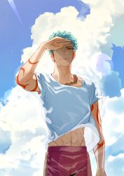 Rule 34 | 1boy, abs, arm at side, blue hair, blue sky, casual, closed mouth, cloud, cowboy shot, cross scar, day, facial scar, hand up, highres, long sleeves, looking at viewer, male focus, navel, one eye covered, outdoors, pants, purple pants, red eyes, scar, scar on cheek, scar on face, serota, shading eyes, shirt, short hair, short sleeves, sky, smile, solo, t-shirt, touken ranbu, wind, yamabushi kunihiro