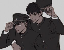Rule 34 | 2boys, arm around neck, behind another, bishounen, black eyes, black hair, buttons, character request, check character, chromatic aberration, closed mouth, film grain, fingernails, from side, gakuran, gakuseibou, go e 0000, grey background, hand up, hat, highres, holding, holding clothes, holding hat, layered sleeves, limited palette, lips, litchi hikari club, long sleeves, looking at viewer, looking to the side, male focus, messy hair, military hat, multiple boys, niko (litchi hikari club), nose, parted lips, peaked cap, school uniform, short hair, simple background, smile, star (symbol), tamiya hiroshi, teeth, upper body
