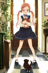 Rule 34 | 1girl, backlighting, bag, blue eyes, brown hair, carrying, cayying, dog, door, dress, hair ornament, hair ribbon, hairclip, hairpin, highres, low twintails, original, paper bag, plant, potted plant, puppy, ribbon, shoes, socks, takeuchi aya, twintails