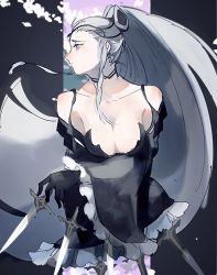 Rule 34 | 1girl, black gloves, breasts, choker, cleavage, dagger, dress, eir (fire emblem), fire emblem, fire emblem heroes, gloves, highres, knife, long hair, long sleeves, looking to the side, nintendo, nonomori (anst nono), ponytail, silver hair, solo, very long hair, weapon