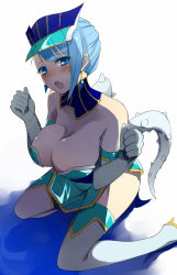 Rule 34 | 10s, 1girl, bad id, bad pixiv id, bare shoulders, blue eyes, blue hair, blue rose (tiger &amp; bunny), blush, boots, breasts, cleavage, earrings, elbow gloves, gloves, hat, jewelry, karina lyle, large breasts, lipstick, makeup, matching hair/eyes, open mouth, prime, short hair, simple background, sitting, sketch, solo, superhero costume, thigh boots, thighhighs, tiger &amp; bunny, white background