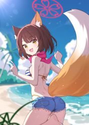Rule 34 | absurdres, animal ears, ass, bare legs, bare shoulders, barefoot, blue archive, brown hair, fox ears, fox tail, halo, highres, izuna (blue archive), izuna (swimsuit) (blue archive), looking at viewer, oeyama, official alternate costume, swimsuit, tail, thighs, yellow eyes