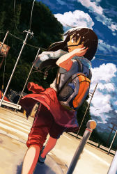 Rule 34 | 1girl, armpit peek, backpack, bag, bird, black hair, blue sky, bottle, brown eyes, clothes around waist, cloud, day, female focus, from behind, hakuto 173, highres, inami hatoko, jacket, jacket around waist, landscape, long hair, looking back, mountain, nature, open mouth, original, outdoors, pants, pants rolled up, power lines, red pants, road, scenery, shirt, short sleeves, sign, sky, solo, standing, straight hair, street, t-shirt, towel, tree, tunnel, utility pole, walking, water bottle, white shirt