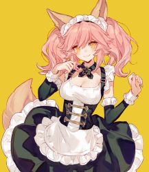 Rule 34 | 1girl, alternate costume, animal ear fluff, animal ears, apron, black dress, blush, breasts, chocoan, cleavage, collarbone, corset, detached sleeves, dress, enmaided, fate/extra, fate (series), fox ears, fox girl, fox tail, hair between eyes, highres, large breasts, long hair, long sleeves, looking at viewer, maid, maid headdress, medium breasts, official alternate costume, pink hair, sidelocks, simple background, smile, solo, tail, tamamo (fate), tamamo no mae (fate/extra), tamamo no mae (tailmaid strike) (fate), twintails, waist apron, white apron, yellow background, yellow eyes