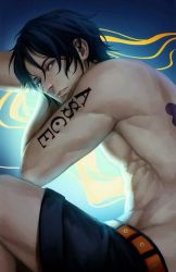 Rule 34 | 1boy, abs, black hair, freckles, looking at viewer, male focus, one piece, portgas d. ace, topless male, solo, tattoo, zhyphenth