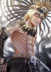 Rule 34 | 1boy, abs, absurdres, arm tattoo, aztec, bare shoulders, blue eyes, braid, expressionless, facepaint, fate/grand order, fate (series), gloves, gold necklace, hair ornament, headdress, highres, holding, holding polearm, holding weapon, ichimichi 111, jewelry, long hair, looking at viewer, male focus, mosaic background, necklace, polearm, shoulder tattoo, skull, skull hair ornament, solo, tattoo, tezcatlipoca (fate), tezcatlipoca (third ascension) (fate), topless male, traditional clothes, twin braids, upper body, weapon