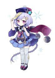 Rule 34 | 1girl, absurdres, bad id, bad pixiv id, bead necklace, beads, black nails, blue dress, braid, dress, genshin impact, hair ornament, hat, highres, jewelry, jiangshi, kbn317, long hair, looking at viewer, nail polish, necklace, ofuda, purple eyes, purple hair, purple hat, qingdai guanmao, qiqi (genshin impact), short hair, simple background, solo, standing, thighhighs, white background, white thighhighs, wide sleeves