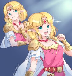 Rule 34 | 1girl, absurdres, alternate hair length, alternate hairstyle, bead necklace, beads, blonde hair, blue eyes, bracer, cape, circlet, dress, forehead jewel, grimmelsdathird, highres, jewelry, necklace, nintendo, pointy ears, princess zelda, short hair, smile, solo, super smash bros., the legend of zelda, the legend of zelda: a link between worlds, tiara, triforce, tunic