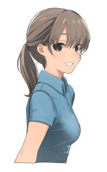 Rule 34 | 1girl, blue shirt, breasts, brown eyes, brown hair, collared shirt, cropped torso, from side, grin, highres, looking at viewer, looking to the side, medium breasts, original, ponytail, shirt, short sleeves, simple background, smile, teeth, tonari no kishida, upper body, white background