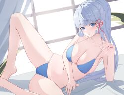 Rule 34 | 1girl, ayaka (genshin impact), bare arms, bare legs, barefoot, bikini, blue bikini, blue eyes, blunt bangs, breasts, cleavage, collarbone, commentary request, curtains, genshin impact, grey hair, hair ornament, highres, long hair, looking at viewer, lying, medium breasts, navel, o-ring, o-ring bikini, on side, parted lips, pharmarr, sidelocks, solo, swimsuit, window