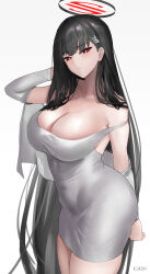Rule 34 | 1girl, absurdly long hair, absurdres, black hair, blue archive, breasts, cleavage, closed mouth, dongtan dress, dress, expressionless, halo, highres, ilsksh, large breasts, long hair, looking at viewer, meme attire, red eyes, rio (blue archive), short dress, simple background, solo, strap slip, taut clothes, taut dress, very long hair, white background, white dress