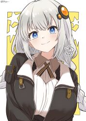 Rule 34 | 1girl, black jacket, blue eyes, blush, border, braid, breasts, breasts squeezed together, cleavage, collared shirt, commentary request, cross tie, grey hair, hair ornament, head tilt, highres, jacket, kizuna akari, large breasts, long hair, looking at viewer, low twin braids, open clothes, open jacket, outside border, poke kuu, puff of air, ribbed shirt, shirt, smile, smug, solo, star (symbol), twin braids, twitter username, underbust, upper body, v-shaped eyebrows, v arms, vocaloid, voiceroid, white border, white shirt