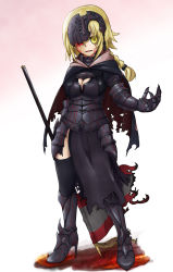 Rule 34 | 1girl, armor, armored dress, black thighhighs, blonde hair, boots, braid, breasts, cape, cleavage, cleavage cutout, clothing cutout, dark persona, dress, fate/apocrypha, fate/grand order, fate (series), faulds, flag, gauntlets, greaves, headpiece, high heels, jeanne d&#039;arc (fate), jeanne d&#039;arc (ruler) (fate), jeanne d&#039;arc alter (fate), long hair, neon trim, shishamo (1874486), shoes, single braid, solo, thighhighs, torn clothes, yellow eyes