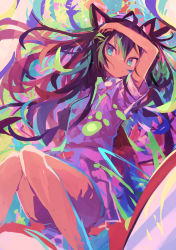 Rule 34 | 1girl, absurdres, ahoge, animal ears, aqua eyes, arm up, black hair, blouse, bottomless, colorful, expressionless, feet out of frame, hair between eyes, highres, kaamin (mariarose753), long hair, looking at viewer, multicolored background, original, pink shirt, shirt, short sleeves, solo