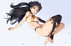 Rule 34 | 1girl, absurdres, armlet, ass, bare shoulders, barefoot, bikini, black hair, black thighhighs, breasts, commentary, detached sleeves, earrings, english commentary, fate/grand order, fate (series), full body, gold trim, hair ribbon, highres, hoop earrings, ishtar (fate), jewelry, long hair, looking at viewer, medium breasts, mismatched bikini, neck ring, open mouth, red eyes, ribbon, single detached sleeve, single thighhigh, smile, solo, swimsuit, thighhighs, thighlet, thong, thong bikini, two side up, wide hips, xkit