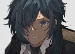Rule 34 | 1boy, 3lnsy, blood, blood on face, blue eyes, blue hair, commentary, dark-skinned male, dark skin, genshin impact, grey background, hair between eyes, hair over one eye, jacket, kaeya (genshin impact), long hair, male focus, no eyepatch, portrait, simple background, solo, symbol-only commentary