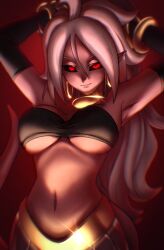 Rule 34 | 1girl, absurdres, ahoge, android 21, armpits, arms behind head, arms up, bandeau, black sclera, bracelet, breasts, colored sclera, colored skin, detached sleeves, dragon ball, dragon ball fighterz, earrings, female focus, glowing, glowing eyes, highres, jewelry, large breasts, long hair, looking at viewer, majin android 21, navel, pea-bean, pink skin, pointy ears, red eyes, solo, underboob, white hair