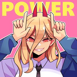Rule 34 | + +, 1girl, black necktie, blonde hair, breasts, chainsaw man, character name, collared shirt, commentary, cross-shaped pupils, demon girl, demon horns, english commentary, english text, horns pose, grin, hair between eyes, highres, horns, jacket, long hair, looking at viewer, medium breasts, necktie, open mouth, pink background, power (chainsaw man), red eyes, sharp teeth, shirt, simple background, smile, solo, symbol-shaped pupils, teeth, timtam, white shirt
