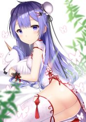 Rule 34 | 1girl, ass, azur lane, bad id, bad twitter id, blush, breasts, bug, bun cover, butterfly, closed mouth, double bun, hair bun, hair ornament, hairclip, highres, insect, izumo neru, long hair, looking at viewer, lying, medium breasts, on side, purple eyes, purple hair, solo, thighhighs, unicorn (azur lane), unicorn (the gift of spring) (azur lane), white thighhighs