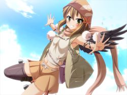 Rule 34 | 00s, 1girl, bag, black wings, blonde hair, blush, boots, clothes pin, cloud, day, game cg, grin, hat, jacket, jewelry, kagirohi shaku kei, leaf, looking at viewer, navel, necklace, orange hair, outdoors, outstretched arms, sanoou, scarf, shell, shirt, short hair, single thighhigh, skirt, sky, sleeveless, sleeveless shirt, smile, solo, spread arms, strap, thighhighs, weights, wings, wristband, yellow eyes