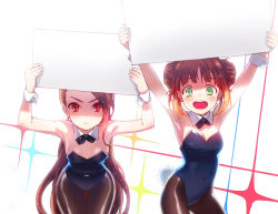 Rule 34 | 2girls, :d, armpits, arms up, bow, bowtie, brown hair, detached collar, double bun, green eyes, hair bun, hanon (heartofsword), holding, holding sign, idolmaster, idolmaster (classic), leotard, long hair, minase iori, multiple girls, open mouth, pantyhose, playboy bunny, rabbit tail, red eyes, sign, smile, tail, takatsuki yayoi, thigh gap, wrist cuffs