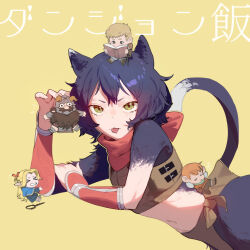 Rule 34 | 2girls, 3boys, :3, :p, animal ears, arm guards, armor, backpack, bag, beard, belt pouch, black hair, black pants, blonde hair, blue capelet, blue robe, body fur, book, boots, braid, brown skirt, capelet, cat ears, cat girl, cat tail, chibi, chilchuck tims, clinging, closed eyes, commentary, covered mouth, cowboy shot, crop top, dungeon meshi, dwarf, elf, english commentary, facial hair, fake horns, falin touden, french braid, from side, green eyes, green scarf, half updo, halfling, hand on own arm, hand up, helmet, highres, holding, holding book, hood, hood down, hooded capelet, horned helmet, horns, izutsumi, laios touden, laios touden, leather armor, lifting person, long beard, long hair, long sleeves, looking at viewer, looking to the side, lying, lying on person, marcille donato, midriff, mini person, miniboy, minigirl, mismatched animal ear colors, multiple boys, multiple girls, mustache, navel, on side, open book, pants, parted bangs, picking up, plate armor, pointy ears, pouch, raneblu, reading, red scarf, robe, saliva, sandals, scarf, senshi (dungeon meshi), shin guards, shoe soles, short hair, simple background, sitting, sitting on head, sitting on person, size difference, skirt, sleeping, sleeveless, solo focus, staff, sword, tail, tongue, tongue out, weapon, white pants, yellow background