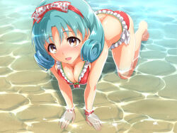 Rule 34 | 1girl, all fours, ass, back, bare shoulders, barefoot, bikini, blush, breasts, brown eyes, butt crack, cleavage, curly hair, food print, frilled bikini, frilled hairband, frills, from above, green hair, hairband, idolmaster, idolmaster million live!, idolmaster million live! theater days, looking at viewer, looking up, medium breasts, medium hair, ookanehira, open mouth, parted bangs, print hairband, red bikini, red bracelet, red hairband, smile, solo, sparkle, strawberry print, swimsuit, tokugawa matsuri, water, wet