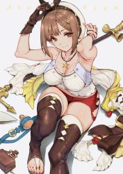 Rule 34 | 1girl, armpits, arms up, atelier (series), atelier ryza, atelier ryza 1, boots, breasts, brown eyes, brown gloves, brown hair, brown thighhighs, camisole, cleavage, closed mouth, gloves, hair ornament, hairclip, haoni, hat, highres, jewelry, large breasts, reisalin stout, short hair, short shorts, shorts, single glove, sitting, skindentation, smile, solo, thigh boots, thighhighs, thighs, toe ring, toeless legwear, wristband
