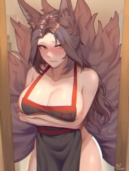 Rule 34 | 1girl, animal ear fluff, animal ears, apron, arm under breasts, averting eyes, black apron, blush, breast lift, breasts, brown hair, brown tail, closed mouth, collarbone, commission, crossed arms, doorway, fox ears, fox girl, fox tail, frenchvanillu, highres, indie virtual youtuber, indoors, kitsune, kyuubi, large breasts, long hair, looking to the side, multiple tails, naked apron, nervous, nose blush, orange eyes, parted bangs, red sash, saeko kitsune, sash, sideboob, tail, very long hair, virtual youtuber