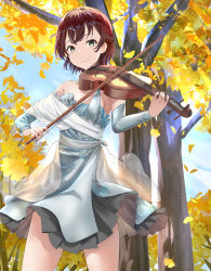 Rule 34 | 1girl, autumn, autumn leaves, blue dress, bow (music), braid, breasts, brown hair, day, detached sleeves, dress, falling leaves, french braid, green eyes, hair ornament, hairclip, highres, holding, holding instrument, holding violin, instrument, leaf, mosta (lo1777789), music, original, outdoors, playing instrument, short hair, small breasts, smile, solo, standing, tree, violin