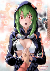 Rule 34 | !, 1boy, 1girl, 1other, artist name, bikini, bikini top only, black jacket, black sweater, blue hair, blush, bouncing breasts, breasts, brick wall, cleavage, commentary, digimon, digimon world re:digitize, goggles, goggles around neck, goggles on head, green hair, hair between eyes, hair ornament, hairclip, highres, holding hands, hood, hood up, hooded jacket, jacket, keyliom, large breasts, long sleeves, looking at viewer, midriff, open mouth, orange eyes, partially unzipped, peeking out, pov, pov hands, print jacket, shinomiya rina, short hair, short hair with long locks, solo focus, sound effects, standing, sweat, sweater, swimsuit, taiga (digimon), teeth, two-tone bikini, underboob, upper body, upper teeth only, x hair ornament