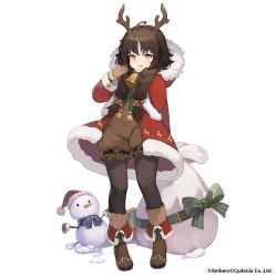 Rule 34 | 1girl, antlers, arm behind back, ash arms, bad id, bad twitter id, bell, black hair, black pantyhose, boots, braid, brown eyes, brown footwear, brown jumpsuit, christmas, coat, commentary request, fake antlers, frills, frown, full body, fur-trimmed coat, fur trim, gift, gloves, grey gloves, hair ornament, highres, holly hair ornament, hood, hooded coat, horns, jumpsuit, long hair, long sleeves, looking at viewer, low twintails, neck bell, official art, open clothes, open coat, open mouth, pantyhose, panzer iii (ash arms), red coat, reindeer antlers, sack, santa costume, short jumpsuit, simple background, snowman, solo, srm chi, standing, twin braids, twintails, watermark, white background