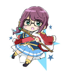 Rule 34 | 1girl, :o, arrow (projectile), black-framed eyewear, black footwear, blue jacket, blue skirt, blush, boots, bow (weapon), brown hair, glasses, green eyes, holding, holding arrow, holding bow (weapon), holding weapon, hoshimi junna, jacket, jacket on shoulders, long hair, looking at viewer, nozo (hitomiz), open mouth, pleated skirt, red jacket, shoujo kageki revue starlight, skirt, solo, star (symbol), starry background, weapon, white background