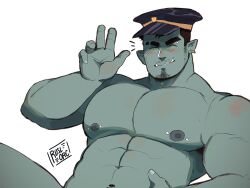 Rule 34 | 1boy, abs, bara, beard, blush, colored skin, completely nude, eyebrow cut, facial hair, feet out of frame, goatee stubble, green skin, hat, kepi, large pectorals, male focus, mature male, military hat, monster boy, muscular, muscular male, navel, nipples, nude, orc, original, out-of-frame censoring, pectorals, police hat, rusl (ruslorc), ruslorc, short hair, solo, stomach, strongman waist, stubble, thick eyebrows, three-finger salute, tusks