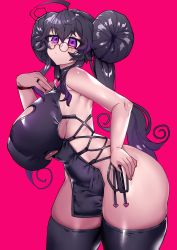 Rule 34 | 1girl, absurdres, ahoge, alternate hairstyle, ass, blush, breasts, china dress, chinese clothes, cleavage, cleavage cutout, clothing cutout, crawling dreams, curvy, double bun, dress, glasses, hair bun, hand on own hip, highres, huge breasts, large breasts, merryweather, nyarla (osiimi), osiimi, purple eyes, purple hair, simple background, skindentation, thick thighs, thighhighs, thighs, twintails, underboob cutout, wide hips