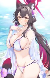 Rule 34 | 1girl, animal ears, bikini, black hair, blue archive, blush, breasts, cleavage, fox ears, fox girl, fox tail, hair ornament, halo, hand up, highres, ichinomiya (blantte), large breasts, long hair, looking at viewer, navel, off shoulder, official alternate costume, outdoors, parted lips, red halo, single bare shoulder, smile, solo, swimsuit, tail, wakamo (blue archive), wakamo (swimsuit) (blue archive), white bikini, yellow eyes