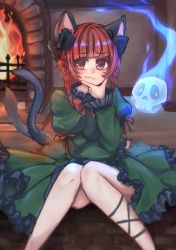 Rule 34 | 1girl, animal ears, black bow, black ribbon, blunt bangs, blush, bow, bowtie, braid, cat ears, cat tail, dress, feet out of frame, fire, fireplace, frilled dress, frills, green dress, hair bow, hand on own chin, highres, hitodama, kaenbyou rin, knees together feet apart, leg ribbon, long hair, long sleeves, looking at viewer, multiple tails, mutsumi326, nail polish, nekomata, red bow, red bowtie, red eyes, red hair, red nails, red ribbon, ribbon, solo, tail, thinking, touhou, twin braids, two tails