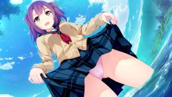 Rule 34 | 1girl, akabei soft, black eyes, blush, breasts, cameltoe, clothes lift, from below, game cg, hair ribbon, highres, legs, long sleeves, looking away, mountain, open mouth, panties, pink panties, purple hair, ribbon, river, school uniform, skirt, skirt lift, sky, small breasts, solo, sorairo innocent, standing, thighs, tsubaki ami, twintails, unasaka ryou, underwear, water, wet